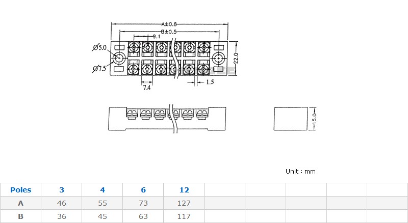 固定式端子台 15A 尺寸圖