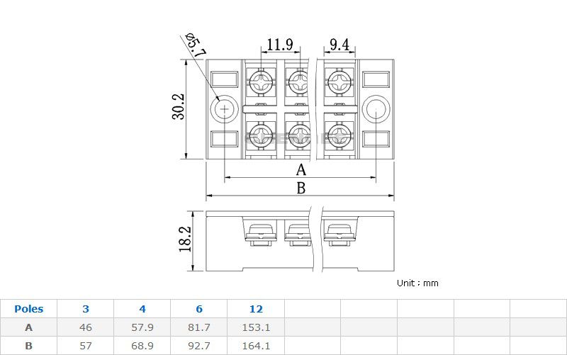 固定式端子台 25A 尺寸圖