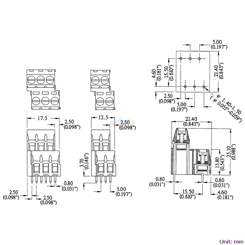 CBP2-HC100 歐式接線端子台,PCB端子台 尺寸圖